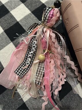 New Pink & Black Ribbon Tassel Charm with Bead Accent , purple, and blue